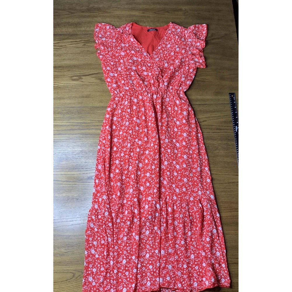 Fashion Red White Floral Print V-Neck Cap Sleeve Tiered Midi Dress Size M